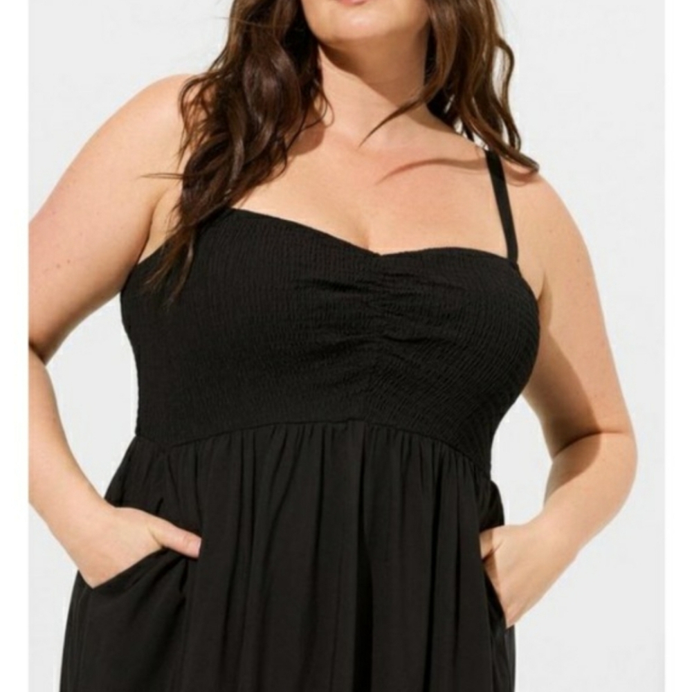 Torrid Midi Challis Sweetheart Dress. Sleeveless. Smocked Bust. Black. 3X. Plus. - Picture 3 of 11